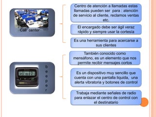 Centro de atención a llamadas estas
llamadas pueden ser para : atención
de servicio al cliente, reclamos ventas
etc.
El encargado debe ser ágil veraz
rápido y siempre usar la cortesía
También conocido como
mensáfono, es un elemento que nos
permite recibir mensajes cortos
Es un dispositivo muy sencillo que
cuenta con una pantalla liquida, una
alerta vibratoria y botones de control
Trabaja mediante señales de radio
para enlazar el centro de control con
el destinatario
Es una herramienta para acercarse a
sus clientes
Call center
b
e
e
p
e
r
 