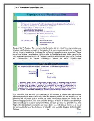Equipos de Perforación Son herramientas formadas por un mecanismo apropiado para 
producir los efectos de percusión o de rotación de la barrena que normalmente va provista 
de una broca en su extremo de ataque. La perforadora se determina de acuerdo a: Tipo y 
tamaño de la obra. La naturaleza del terreno La profundidad y alcance de los barrenos La 
roca o piedra que quiera producirse Pistolas o martillos de barrenación Jumbos Se Clasifica 
en: Perforadoras de carriles Perforadora portátil de torre Contrapoceras 
Son máquinas que se usan para perforación de barrenos y pueden ser: Neumáticas 
Percusión Rotativas Eléctricas Combustión El elemento básico en las perforadoras de 
percusión es un pistón que se mueve de forma reciprocante dentro del cilindro de la 
perforadora golpeando en cada ciclo completo la espiga de acero de barrenación, la energía 
es transmitida por el acero de barrenación hasta la broca, que a su vez golpea la roca. Los 
fragmentos de roca son desalojados por medio de un conducto coaxial interior en el acero 
de barrenación llamado conductos de circulación o de soplado. Equipos de Perforación 
Pistolas de Piso: 
pág. 2 
3.1 EQUIPOS DE PERFORACIÓN 
 