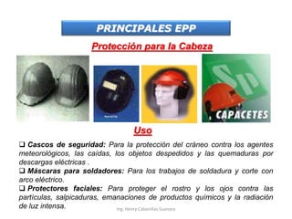 PRINCIPALES EPP
Protección para la Cabeza
Uso
 Cascos de seguridad: Para la protección del cráneo contra los agentes
meteorológicos, las caídas, los objetos despedidos y las quemaduras por
descargas eléctricas .
 Máscaras para soldadores: Para los trabajos de soldadura y corte con
arco eléctrico.
 Protectores faciales: Para proteger el rostro y los ojos contra las
partículas, salpicaduras, emanaciones de productos químicos y la radiación
de luz intensa. Ing. Henry Cabanillas Guevara
 