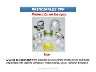 PRINCIPALES EPP
Protección de los ojos
Uso
Gafas de seguridad: Para proteger los ojos contra el impacto de partículas,
salpicaduras de líquidos corrosivos, metal fundido, polvo, radiación peligrosa.
Ing. Henry Cabanillas Guevara
 