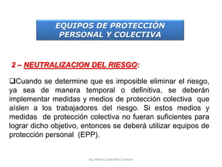 EQUIPOS DE PROTECCIÓN
PERSONAL Y COLECTIVA
2 – NEUTRALIZACION DEL RIESGO:
Cuando se determine que es imposible eliminar el riesgo,
ya sea de manera temporal o definitiva, se deberán
implementar medidas y medios de protección colectiva que
aíslen a los trabajadores del riesgo. Si estos medios y
medidas de protección colectiva no fueran suficientes para
lograr dicho objetivo, entonces se deberá utilizar equipos de
protección personal (EPP).
Ing. Henry Cabanillas Guevara
 