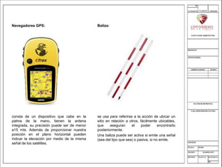 Navegadores GPS:
consta de un dispositivo que cabe en la
palma de la mano, tienen la antena
integrada, su precisión puede ser de menor
a15 mts. Además de proporcionar nuestra
posición en el plano horizontal pueden
indicar la elevación por medio de la misma
señal de los satélites.
Baliza:
se usa para referirse a la acción de ubicar un
sitio en relación a otros, fácilmente ubicables,
que aseguran el poder encontrarlo
posteriormente.
Una baliza puede ser activa si emite una señal
(sea del tipo que sea) o pasiva, si no emite.
 