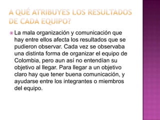  Lamala organización y comunicación que
 hay entre ellos afecta los resultados que se
 pudieron observar. Cada vez se observaba
 una distinta forma de organizar el equipo de
 Colombia, pero aun así no entendían su
 objetivo al llegar. Para llegar a un objetivo
 claro hay que tener buena comunicación, y
 ayudarse entre los integrantes o miembros
 del equipo.
 