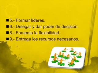 5.- Formar líderes. 
6.- Delegar y dar poder de decisión.
8.- Fomenta la flexibilidad.
9.- Entrega los recursos necesarios. 
 