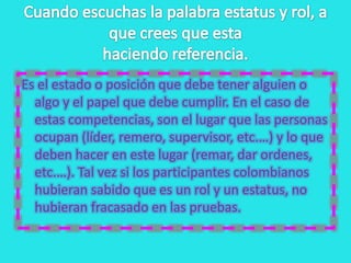 Es el estado o posición que debe tener alguien o
  algo y el papel que debe cumplir. En el caso de
  estas competencias, son el lugar que las personas
  ocupan (líder, remero, supervisor, etc.…) y lo que
  deben hacer en este lugar (remar, dar ordenes,
  etc.…). Tal vez si los participantes colombianos
  hubieran sabido que es un rol y un estatus, no
  hubieran fracasado en las pruebas.
 