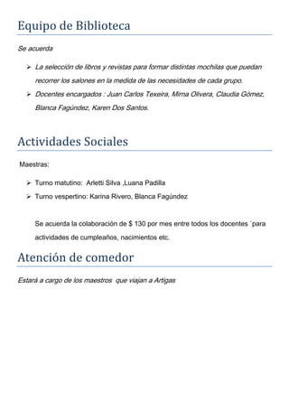 Equipo de Biblioteca
Se acuerda
 La selección de libros y revistas para formar distintas mochilas que puedan
recorrer los salones en la medida de las necesidades de cada grupo.
 Docentes encargados : Juan Carlos Texeira, Mirna Olivera, Claudia Gómez,
Blanca Fagúndez, Karen Dos Santos.
Actividades Sociales
Maestras:
 Turno matutino: Arletti Silva ,Luana Padilla
 Turno vespertino: Karina Rivero, Blanca Fagúndez
Se acuerda la colaboración de $ 130 por mes entre todos los docentes `para
actividades de cumpleaños, nacimientos etc.
Atención de comedor
Estará a cargo de los maestros que viajan a Artigas
 