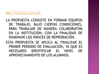 LA PROPUESTA CONSISTE EN FORMAR EQUIPOS
DE TRABAJO, BAJO CIERTAS CONDICIONES,
PARA TRABAJAR DE MANERA COLABORATIVA
EN LA INSTITUCIÓN; CON LA FINALIDAD DE
DISMINUIR LOS ÍNDICES DE REPROBACIÓN.
ESTA PROPUESTA SE APLICA AL FINALIZAR EL
PRIMER PERIODO DE EVALUACIÓN, YA QUE ES
NECESARIO IDENTIFICAR EL NIVEL DE
APROVECHAMIENTO DE LOS ALUMNOS.
 