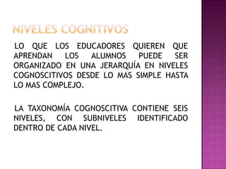 LO QUE LOS EDUCADORES QUIEREN QUE
APRENDAN LOS ALUMNOS PUEDE SER
ORGANIZADO EN UNA JERARQUÍA EN NIVELES
COGNOSCITIVOS DESDE LO MAS SIMPLE HASTA
LO MAS COMPLEJO.
LA TAXONOMÍA COGNOSCITIVA CONTIENE SEIS
NIVELES, CON SUBNIVELES IDENTIFICADO
DENTRO DE CADA NIVEL.
 