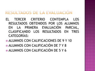 EL TERCER CRITERIO CONTEMPLA LOS
RESULTADOS OBTENIDOS POR LOS ALUMNOS
EN LA PRIMERA EVALUACIÓN PARCIAL,
CLASIFICANDO LOS RESULTADOS EN TRES
CATEGORÍAS:
 ALUMNOS CON CALIFICACIONES DE 9 Y 10
 ALUMNOS CON CALIFICACIÓN DE 7 Y 8
 ALUMNOS CON CALIFICACIÓN DE 5 Y 6
 