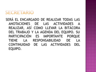 SERÁ EL ENCARGADO DE REALIZAR TODAS LAS
ANOTACIONES DE LAS ACTIVIDADES A
REALIZAR, ASÍ COMO LLEVAR LA BITÁCORA
DEL TRABAJO Y LA AGENDA DEL EQUIPO. SU
PARTICIPACIÓN ES IMPORTANTE PORQUE
TIENE LA RESPONSABILIDAD DE LA
CONTINUIDAD DE LAS ACTIVIDADES DEL
EQUIPO.
 