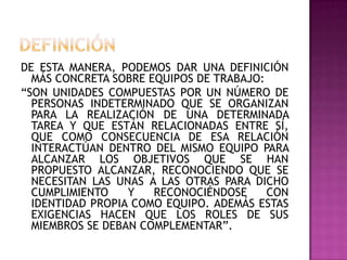 DE ESTA MANERA, PODEMOS DAR UNA DEFINICIÓN
MÁS CONCRETA SOBRE EQUIPOS DE TRABAJO:
“SON UNIDADES COMPUESTAS POR UN NÚMERO DE
PERSONAS INDETERMINADO QUE SE ORGANIZAN
PARA LA REALIZACIÓN DE UNA DETERMINADA
TAREA Y QUE ESTÁN RELACIONADAS ENTRE SÍ,
QUE COMO CONSECUENCIA DE ESA RELACIÓN
INTERACTÚAN DENTRO DEL MISMO EQUIPO PARA
ALCANZAR LOS OBJETIVOS QUE SE HAN
PROPUESTO ALCANZAR, RECONOCIENDO QUE SE
NECESITAN LAS UNAS A LAS OTRAS PARA DICHO
CUMPLIMIENTO Y RECONOCIÉNDOSE CON
IDENTIDAD PROPIA COMO EQUIPO. ADEMÁS ESTAS
EXIGENCIAS HACEN QUE LOS ROLES DE SUS
MIEMBROS SE DEBAN COMPLEMENTAR”.
 