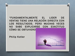 “FUNDAMENTALMENTE EL LIDER DE
VENTAS TIENE UNA RELACIÓN DIRECTA CON
LOS RESULTADOS. PERO MUCHAS VECES
NO SABE EXPLICARSE CON EXACTITUD
CÓMO SE OBTUVIERON ESOS RESULTADOS”
Philip Kotler
 