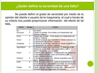 Se puede definir el grado de severidad por medio de la
opinión del cliente o usuario de la maquinaria, el cual a través de
su criterio nos puede proporcionar información del efecto de tal
falla.
¿Quién define la severidad de una falla?
 