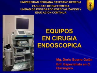 Mg. Doris Guerra Galán
Enf. Especialista en C.
Quirúrgico.
UNIVERSIDAD PERUANA CAYETANO HEREDIA
FACULTAD DE ENFERMERIA
UNIDAD DE POSTGRADO ESPECIALIZACION Y
EDUCACION CONTINUA
21/09/2022
EQUIPOS
EN CIRUGIA
ENDOSCOPICA
 