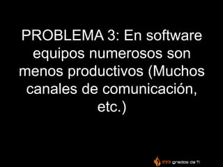 PROBLEMA 3: En software
equipos numerosos son
menos productivos (Muchos
canales de comunicación,
etc.)
 