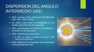DISPERSION DEL ANGULO
INTERMEDIO (IAS)
 Mide y genera cuatro mediciones IAS diferentes
(IAS, IAS1. IAS2 e IAS3)
 Se utilizan para medir la complejidad de las
células especialmente en Leucocitos.
 IAS1: concentración de HGB en un eritrocito, y
el tamaño de las plaquetas.
 IAS2 : tamaño de los eritrocitos.
 El MCV se obtiene tomando la posición IAS2
media de los eritrocitos.
 IAS3: diferenciar las Plaquetas de los eritrocitos
y las plaquetas del ruido.
 