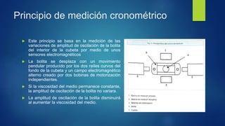 Principio de medición cronométrico
 Este principio se basa en la medición de las
variaciones de amplitud de oscilación de la bolita
del interior de la cubeta por medio de unos
sensores electromagnéticos
 La bolita se desplaza con un movimiento
pendular producido por los dos raíles curvos del
fondo de la cubeta y un campo electromagnético
alterno creado por dos bobinas de motorización
independientes.
 Si la viscosidad del medio permanece constante,
la amplitud de oscilación de la bolita no variara.
 La amplitud de oscilación de la bolita disminuirá
al aumentar la viscosidad del medio.
 