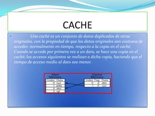 CACHE
            Una caché es un conjunto de datos duplicados de otros
    originales, con la propiedad de que los datos originales son costosos de
    acceder, normalmente en tiempo, respecto a la copia en el caché.
    Cuando se accede por primera vez a un dato, se hace una copia en el
    caché; los accesos siguientes se realizan a dicha copia, haciendo que el
    tiempo de acceso medio al dato sea menor.
 