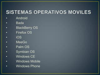 • Android
• Bada
• BlackBerry OS
• Firefox OS
• iOS
• MeeGo
• Palm OS
• Symbian OS
• Windows CE
• Windows Mobile
• Windows Phone
 