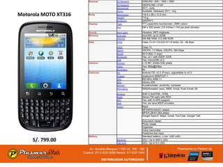 General    2G Network    GSM 850 / 900 / 1800 / 1900
                                 3G Network    HSDPA 850 / 2100
                                 Announced     2011, June
                                 Status        Available. Released 2011, July
Motorola MOTO XT316   Body       Dimensions
                                 Weight
                                               116.5 x 58 x 13.5 mm
                                               110 g
                                 Keyboard      QWERTY
                      Display    Type          TFT capacitive touchscreen, 256K colors
                                 Size          240 x 320 pixels, 2.8 inches (~143 ppi pixel density)

                      Sound      Alert types   Vibration, MP3 ringtones
                      Memory     Card slot     microSD, up to 32GB
                                 Internal      256 MB RAM, 512 MB ROM
                      Data       GPRS          Class 12 (4+1/3+2/2+3/1+4 slots), 32 - 48 kbps

                                 EDGE          Class 12
                                 Speed         HSDPA, 7.2 Mbps; HSUPA, 384 Kbps
                                 WLAN          Wi-Fi 802.11 b/g/n
                                 Bluetooth     Yes, v2.1 with A2DP, EDR
                                 USB           Yes, microUSB v2.0
                      Camera     Primary       3.15 MP, 2048x1536 pixels
                                 Video         Yes, 480p@24fps
                                 Secondary     No
                      Features   OS            Android OS, v2.2 (Froyo), upgradable to v2.3
                                 Chipset       Qualcomm MSM7227-1
                                 CPU           600 MHz ARM 11
                                 GPU           Adreno 200
                                 Sensors       Accelerometer, proximity, compass
                                 Messaging     SMS(threaded view), MMS, Email, Push Email, IM

                                 Browser       WAP 2.0/xHTML, HTML
                                 Radio         Stereo FM radio with RDS
                                 GPS           Yes, with A-GPS support
                                 Java          Yes, via Java MIDP emulator
                                 Colors        Black
                                               MP3/WAV/eAAC+ player
                                               MP4/H.263/H.264 player
                                               Google Search, Maps, Gmail, YouTube, Google Talk

                                               Document viewer
                                               Photo viewer
                                               Organizer
                                               Voice memo/dial
                                               Predictive text input
                      Battery                  Standard battery, Li-Ion 1420 mAh
     S/. 799.00                  Stand-by
                                 Talk time
                                               (2G) / Up to 648 h (3G)
                                               (2G) / Up to 8 h (3G)
 