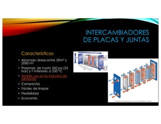 INTERCAMBIADORES
DE PLACAS Y JUNTAS
Caracteristicas
• Alcanzan áreas entre 50m2 y
2000 m2
• Presiones de hasta 350 psi (25
bar) y T interiores a 250 oC
• Amplio uso en la industria de
alimentos
• Compactos
• Fáciles de limpiar
• Flexibilidad
• Economía
 