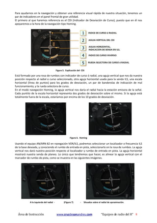 Área de Instrucción www.cruzdesanandres.com “Equipos de radio del H” 8
Para ayudarnos en la navegación y obtener una referencia visual rápida de nuestra situación, tenemos un
par de indicadores en el panel frontal de gran utilidad.
El primero al que haremos referencia es el CDI (Indicador de Desviación de Curso), puesto que en él nos
apoyaremos a la hora de la navegación tipo Homing.
Figura 5. Explicación del CDI
Está formado por una rosa de rumbos con indicador de curso ó radial, una aguja vertical que nos da nuestra
posición respecto al radial o curso seleccionado, otra aguja horizontal usada para la senda ILS, una escala
horizontal (línea de puntos) para los grados de desviación, un par de banderolas de indicación de mal
funcionamiento, y la rueda selectora de curso.
En el modo navegación Homing, la aguja vertical nos daría el radial hacia la estación emisora de la señal.
Cada puntito de la escala horizontal representa dos grados de desviación sobre el mismo. Si la aguja está
totalmente fuera de la escala, estaríamos por encima de los 10 grados de desviación.
Figura 6. Homing
Usando el equipo AN/ARN 82 en navegación VOR/ILS, podremos seleccionar un localizador o frecuencia ILS
de la base deseada, y conociendo el rumbo de entrada en pista, seleccionarlo en la rosa de rumbos. La aguja
vertical nos dará nuestra posición respecto al localizador y rumbo de entrada en pista. La aguja horizontal
mostrará nuestra senda de planeo. Lo único que tendremos que hacer, es alinear la aguja vertical con el
marcador de rumbo de pista, como se muestra en las siguientes imágenes.
A la izquierda del radial - (Figura 7) - Situados sobre el radial de aproximación.
 