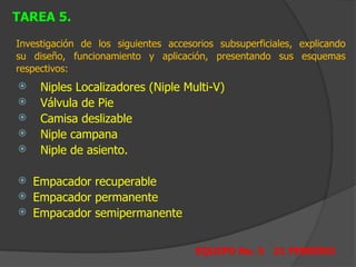 TAREA 5.

Investigación de los siguientes accesorios subsuperficiales, explicando
su diseño, funcionamiento y aplicación, presentando sus esquemas
respectivos:
ž    Niples Localizadores (Niple Multi-V)
ž    Válvula de Pie
ž    Camisa deslizable
ž    Niple campana
ž    Niple de asiento.

ž   Empacador recuperable
ž   Empacador permanente
ž   Empacador semipermanente


                                      EQUIPO No. 5 21 FEBRERO
 