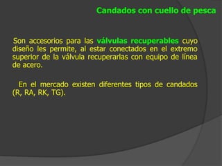 Candados con cuello de pesca


Son accesorios para las válvulas recuperables cuyo
diseño les permite, al estar conectados en el extremo
superior de la válvula recuperarlas con equipo de línea
de acero.

  En el mercado existen diferentes tipos de candados
(R, RA, RK, TG).
 
