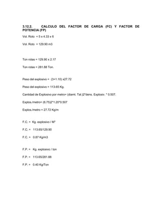 3.12.2. CALCULO DEL FACTOR DE CARGA (FC) Y FACTOR DE
POTENCIA (FP)
Vol. Roto = 5 x 4.33 x 6
Vol. Roto = 129.90 m3
Ton rotas = 129.90 x 2.17
Ton rotas = 281.88 Ton.
Peso del explosivo = (3+1.10) x27.72
Peso del explosivo = 113.65 Kg.
Cantidad de Explosivo por metro= (diamt. Tal.)2*dens. Explosiv. * 0.507.
Explos./metro= (6.75)2*1.20*0.507
Explos./metro = 27.72 Kg/m
F.C. = Kg. explosivo / M3
F.C. = 113.65/129.90
F.C. = 0.87 Kg/m3
F.P. = Kg. explosivo / ton
F.P. = 113.65/281.88
F.P. = 0.40 Kg/Ton
 