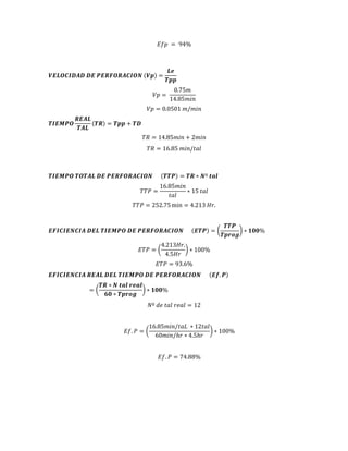 𝐸𝑓𝑝 = 94%
𝑽𝑬𝑳𝑶𝑪𝑰𝑫𝑨𝑫 𝑫𝑬 𝑷𝑬𝑹𝑭𝑶𝑹𝑨𝑪𝑰𝑶𝑵 (𝑽𝒑) =
𝑳𝒆
𝑻𝒑𝒑
𝑉𝑝 =
0.75𝑚
14.85𝑚𝑖𝑛
𝑉𝑝 = 0.0501 𝑚/𝑚𝑖𝑛
𝑻𝑰𝑬𝑴𝑷𝑶
𝑹𝑬𝑨𝑳
𝑻𝑨𝑳
(𝑻𝑹) = 𝑻𝒑𝒑 + 𝑻𝑫
𝑇𝑅 = 14.85𝑚𝑖𝑛 + 2𝑚𝑖𝑛
𝑇𝑅 = 16.85 𝑚𝑖𝑛/𝑡𝑎𝑙
𝑻𝑰𝑬𝑴𝑷𝑶 𝑻𝑶𝑻𝑨𝑳 𝑫𝑬 𝑷𝑬𝑹𝑭𝑶𝑹𝑨𝑪𝑰𝑶𝑵 (𝑻𝑻𝑷) = 𝑻𝑹 ∗ 𝑵º 𝒕𝒂𝒍
𝑇𝑇𝑃 =
16.85𝑚𝑖𝑛
𝑡𝑎𝑙
∗ 15 𝑡𝑎𝑙
𝑇𝑇𝑃 = 252.75 min = 4.213 𝐻𝑟.
𝑬𝑭𝑰𝑪𝑰𝑬𝑵𝑪𝑰𝑨 𝑫𝑬𝑳 𝑻𝑰𝑬𝑴𝑷𝑶 𝑫𝑬 𝑷𝑬𝑹𝑭𝑶𝑹𝑨𝑪𝑰𝑶𝑵 (𝑬𝑻𝑷) = (
𝑻𝑻𝑷
𝑻𝒑𝒓𝒐𝒈
) ∗ 𝟏𝟎𝟎%
𝐸𝑇𝑃 = (
4.213𝐻𝑟.
4.5𝐻𝑟
) ∗ 100%
𝐸𝑇𝑃 = 93.6%
𝑬𝑭𝑰𝑪𝑰𝑬𝑵𝑪𝑰𝑨 𝑹𝑬𝑨𝑳 𝑫𝑬𝑳 𝑻𝑰𝑬𝑴𝑷𝑶 𝑫𝑬 𝑷𝑬𝑹𝑭𝑶𝑹𝑨𝑪𝑰𝑶𝑵 (𝑬𝒇. 𝑷)
= (
𝑻𝑹 ∗ 𝑵 𝒕𝒂𝒍 𝒓𝒆𝒂𝒍
𝟔𝟎 ∗ 𝑻𝒑𝒓𝒐𝒈
) ∗ 𝟏𝟎𝟎%
𝑁º 𝑑𝑒 𝑡𝑎𝑙 𝑟𝑒𝑎𝑙 = 12
𝐸𝑓. 𝑃 = (
16.85𝑚𝑖𝑛/𝑡𝑎𝐿 ∗ 12𝑡𝑎𝑙
60𝑚𝑖𝑛/ℎ𝑟 ∗ 4.5ℎ𝑟
) ∗ 100%
𝐸𝑓. 𝑃 = 74.88%
 
