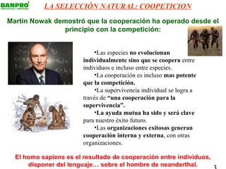 LA SELECCIÓN NATURAL: COOPETICION
Martin Nowak demostró que la cooperación ha operado desde el
                principio con la competición:


                            •Las especies no evolucionan
                        individualmente sino que se coopera entre
                        individuos e incluso entre especies.
                            •La cooperación es incluso mas potente
                        que la competición.
                            •La supervivencia individual se logra a
                        través de “una cooperación para la
                        supervivencia”.
                            •La ayuda mutua ha sido y será clave
                        para nuestro éxito futuro.
                            •Las organizaciones exitosas generan
                        cooperación interna y externa, con otras
                        organizaciones.

  El homo sapiens es el resultado de cooperación entre individuos,
      disponer del lenguaje… sobre el hombre de neanderthal.
 