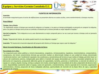 Equipos y Servicios Germán Castañeda E.U.
FUENTES DE INFORMACIÒN
Inversión
Al arrendar maquinaria para el sector de edificaciones se presentan ahorros en costos ocultos, como mantenimiento o tiempos muertos.
Praco Didacol
Tiempo, Uso y Precio
“Es importante revisar el tiempo que necesita la máquina o el equipo: si es para un tiempo prolongado se pensaría en comprar la máquina,
pero si es para un tiempo corto ya sea un contrato o licitación por un breve periodo es mejor alquilar el equipo.”
Uso de la máquina: “Si la máquina se va a usar diariamente es mejor comprarla pero si se va a usar por turnos o tiempo corto se pensaría
alquilarla.”
Precio: “Depende del cliente, de cuánto puede invertir en una máquina o equipo.”
Inversión: “El monto de la inversión depende del proyecto del cliente y el tiempo que vaya a usar la máquina.”
María Fernanda Rodríguez, Coordinadora de Mercadeo de Derco
Necesidades de la Obra
“La maquinaria para obras públicas y minería (excavadoras, cargadores, retroexcavadoras, topadoras, motoniveladoras, compactadores,
compresores, etc) tienen características técnicas que permiten realizar un determinado trabajo en una unidad de tiempo, denominada
'rendimiento teórico'; este 'rendimiento' ajustado a las condiciones y características del terreno en que realiza el trabajo, permiten hacer un
cálculo del rendimiento práctico, indispensable para definir el tamaño del equipo demandado por la obra; necesidad satisfecha por los
fabricantes de maquinaria, produciendo diferentes gamas de capacidades, tamaños, potencias y rendimientos. La decisión de obtener un
equipo en: compra, alquiler, leasing, renting o cualquier otro medio, estará ligada a las necesidades de la obra y dependerá de factores tales
como: disponibilidad, autonomía sobre el equipo, costos de operación y mantenimientos, retorno esperado de la inversión, organización
administrativa y técnica, proyección de horas trabajadas efectivas, oportunidades de inversión de los flujos libres de caja y capacidad
económica de compra.
 