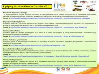 Equipos y Servicios Germán Castañeda E.U.
Pensamiento Prospectivo y Estrategia
Su objetivo general es: “Aportar soluciones con visiones de futuro pertinentes, éticas, creativas e innovadoras a las problemáticas y necesidades
científicas, tecnológicas, educativas, ambientales, sociales, artísticas y culturales de las diversas comunidades y los distintos multicontextos”
Tomado de: http://estudios.unad.edu.co/images/ecacen/Investigacion/Linea_de_Investigacion_-_Pensamiento_Prospectivo_y_Estrategia.pdf
Emprendimiento Social y Solidario
Su objetivo general es: “Desarrollar investigación que propenda por la creación y sostenibilidad de empresas asociativas, para proponer rutas o
acciones de mejoramiento que permitan a ECACEN educar para el emprendimiento social”.
Tomado de: http://estudios.unad.edu.co/images/ecacen/Investigacion/Linea_de_Investigacion_-_Emprendimiento_Social_Solidario.pdf
Gestión y Políticas Públicas
Su objetivo general es: “Abordar la investigación en la gestión de lo público con el objetivo de realizar aportes tendientes a la modernización y
eficiencia del Estado y sus organizaciones”.
Tomado de: http://estudios.unad.edu.co/images/ecacen/Investigacion/Linea_de_Investigacion_-_Gestion_y_Politicas_Publicas.pdf
Cadenas Productivas Agroindustriales
Su objetivo general es: “Encadenar productivamente a los proveedores de insumos, procesadores, productores, transportadores y comercializadores
de productos agroindustriales”.
Tomado de: http://www.freewebs.com/martavinasco/LINEAS_INVESTIGACION/LINEAS_ECACEN.pdf
Desarrollo Económico Sostenible y Sustentable
Su objetivo general es: “Proporcionar a las problemáticas sociales y económicas un carácter académico, que le permita su comprensión y solución a
través de las herramientas teórico – prácticas propias de la Ciencia Económica”.
Tomado de:
http://estudios.unad.edu.co/images/ecacen/Investigacion/Linea_de_Investigacion_-_Desarrollo_Economico_Sostenible_y_Sustentable.pdf
Gestión de las Organizaciones
Su objetivo general es: “Contribuir a la solución de la problemática organizacional privada y pública mediante la construcción de conocimiento
alrededor de las ciencias de la gestión y la administración”.
Tomado de: http://estudios.unad.edu.co/images/ecacen/Investigacion/Linea_de_Investigacion_-_Gestion_de_las_Organizaciones.pdf
 