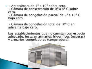  • Antecámara de 5º a 10º sobre cero.
• Cámara de conservación de 0º a 4º C sobre
cero.
• Cámara de congelación parcial de 5º a 10º C
bajo cero.
• Cámara de congelación total de 10º C en
adelante bajo cero.
Los establecimientos que no cuentan con espacio
adecuado, instalan armarios frigoríficos (neveras)
y armarios congeladores (congeladora).
 