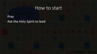 How to start
Pray
Ask the Holy Spirit to lead
 
