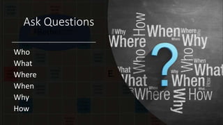 Ask Questions
Who
What
Where
When
Why
How
 