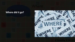 Where
Where did it go? Simply put, the Bible is written FOR us
but it wasn’t written TO us. And you
get into tricky territory if you try to
take some of the words of Scripture as
if they were written for you. Now this
isn’t to say we can’t learn from these
books. They’re part of the Bible for a
reason. But we must begin by asking,
“Where did the writer send this book
after he finished writing it? Who read
it? What did their lives look like? How
would they have understood it?” Then
we’ll begin getting a better picture of
what the writer’s intent was.
 
