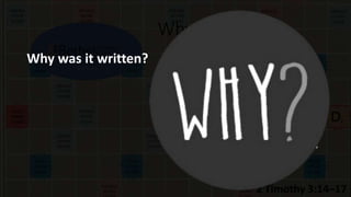 Why
Why was it written? writers write with a specific purpose in
mind. So it is with the writers of
Scripture. Moses wrote the first five
books to instruct the Israelites and
remind them what God had done for
them. Paul wrote Galatians to confront
those who said circumcision was
necessary for salvation. Others wrote to
admonish, inspire, warn, and encourage.
We can tell why a book was written by
identifying major themes and repeated
ideas. Look at these in light of the Big
Story, the cultural and historical context,
and you’ll soon get a better
understanding of why the book was
written in the first place.
 
