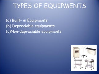TYPES OF EQUIPMENTS
(a) Built- in Equipments
(b) Depreciable equipments
(c)Non-depreciable equipments

 