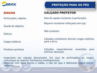 PROTEÇÃO PARA OS PÉS
RISCOS
Perfurações, objetos.
Queda de objetos;.
Elétrico
Cargas estáticas
Produtos químicos
CALÇADO PROTETOR
Sola de sapato resistente à perfuração.
Biqueira resistente reforçada com aço..
Não condutor.
Calçados condutores drenam cargas estáticas
para a terra.
Calçados especialmente revestidos para
eliminar absorção.
Inspecione seu calçado diariamente. Em caso de perfurações ou rasgos
comunique ao superior hierárquico imediatamente.
Higienize com água morna e sabão, a não ser que o fabricante sugira outros
métodos.
Elaboração: 14/06/2022 - Rev.00
Elaboração: Segurança do Trabalho - Verificação: Qualidade - Aprovação: Diretoria de Suporte
 