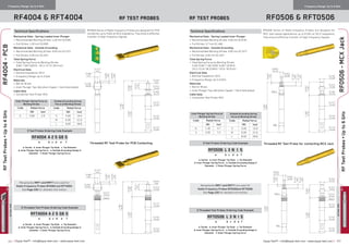 ≡ Equip-Test™ • info@equip-test.com • www.equip-test.com Equip-Test™ • info@equip-test.com • www.equip-test.com ≡
ACTUALSIZE
221 222
Technical Specifications
Mechanical Data - Spring-Loaded Inner Plunger
•	 Recommended Working Stroke: 2.00 mm [0.079]
•	 Full Stroke: 3.7 mm [0.146]
Mechanical Data - Outside Grounding
•	 Recommended Working Stroke: 4.00 mm [0.157]
•	 Full Stroke: 5.00 mm [0.197]
Total Spring Force
•	 Total Spring Force by Working Stroke
5.30/ 6.00/ 7.30/ 8.00/ 9.30/ 10.00 N
19.1/ 21.6/ 26.3/28.8 / 33.5/ 35.9 [oz]
Electrical Data
•	 Nominal Impedance: 50 Ω
•	 Frequency Range: Up to 6 GHz
Materials
•	 Barrel: Brass
•	 Inner Plunger Tips: Beryllium Copper / Hard Gold plated
Cable Data
•	 Connection Test Probe: MCX
396.1
00.34
241.0
06.3
811.0
00.3
930.0
00.1
5.3WS
4WS
530.0
09.0
380.0
01.2
042.1
05.13
354.0
05.11
671.0
64.4
771.0
05.4
581.0
07.4
751.0
00.4
621.0
02.3
371.0
04.4
396.1
00.34
241.0
06.3
811.0
00.3
930.0
00.1
5.3WS
4WS
380.0
01.2
530.0
09.0
042.1
05.13
354.0
05.11
671.0
64.4
771.0
05.4
751.0
00.4
621.0
02.3
5.0x5M
712.0
05.5
371.0
04.4
≡ Test Probes Ordering Code Example
RF0506 L 3 N I S
a b c d e f
a: Series b: Inner Plunger Tip Style c: Tip Diameter
d: Inner Plunger Spring Force e: Outside Grounding Design 
Diameter f: Outer Plunger Spring Force
≡ Threaded Test Probes Ordering Code Example
RFT0506 L 3 N I S
a b c d e f
a: Series b: Inner Plunger Tip Style c: Tip Diameter
d: Inner Plunger Spring Force e: Outside Grounding Design 
Diameter f: Outer Plunger Spring Force
Threaded RF Test Probe for contacting MCX Jack 
Inner Plunger Spring Force at
Working Stroke
Code Rated force
(N) [oz]
N 1.30 4.7
X 2.00 7.2
Outside Grounding Spring
Force at Working Stroke
Code Rated force
(N) [oz]
S 4.00 15.8
M 6.00 21.6
L 8.00 28.8
Receptacles RRF1 and RRFT1 are used for
Radio-Frequency Probes RF0506and RFT0506.
See Page 230 for detailed information.
RF0506 Series of Radio-frequency Probes are designed for
MCX Jack-based applications up to 6 GHz at 50 Ω impedance.
They ensure effective transfer of High-frequency Signals.
Frequency Range: Up to 4 GHz
RF4004  RFT4004 RF Test Probes
RF4004-PCB
ACTUALSIZE
Technical Specifications
Mechanical Data - Spring-Loaded Inner Plunger
•	 Recommended Working Stroke: 1.00 mm [0.039]
•	 Full Stroke: 1.50 mm [0.059]
Mechanical Data - Outside Grounding
•	 Recommended Working Stroke: 4.00 mm [0.157]
•	 Full Stroke: 5.00 mm [0.197]
Total Spring Force
•	 Total Spring Force by Working Stroke
5.60/ 7.60/ 9.60 N - 20.1/ 27.3/ 34.5 [oz]
Electrical Data
•	 Nominal Impedance: 50 Ω
•	 Frequency Range: Up to 4 GHz
Materials
•	 Barrel: Brass
•	 Inner Plunger Tips: Beryllium Copper / Hard Gold plated
Cable Data
•	 Connection Test Probe: MCX
RF4004 Series of Radio-frequency Probes are designed for PCB
connection up to 4 GHz at 50 Ω impedance. They ensure effective
transfer of High-frequency Signals.
930.0
00.1
970.0
00.2
632.0
00.6
771.0
05.4
980.0
52.2
671.0
64.4
581.0
07.4
970.0
00.2
847.1
04.44
042.1
05.13
805.0
09.21
712.0
05.5
771.0
05.4
751.0
00.4
371.0
04.4
C
MOC.SEBORPTSET
DEVRESERSTHGIRLLA
Hf8672OSINID:ecnarelotlareneG
1102HGIRYPOC GNIWARDELACSTONOD
930.0
00.1
970.0
00.2
652.0
05.6
771.0
05.4
5.0x5M
712.0
05.5
980.0
52.2
671.0
64.4
970.0
00.2
847.1
04.44
042.1
05.13
805.0
09.21
712.0
05.5
771.0
05.4
751.0
00.4
371.0
04.4
≡ Test Probes Ordering Code Example
RF4004 A 2 S G6 S
a b c d e f
a: Series b: Inner Plunger Tip Style c: Tip Diameter
d: Inner Plunger Spring Force e: Outside Grounding Design 
Diameter f: Outer Plunger Spring Force
≡ Threaded Test Probes Ordering Code Example
RFT4004 A 2 S G6 S
a b c d e f
a: Series b: Inner Plunger Tip Style c: Tip Diameter
d: Inner Plunger Spring Force e: Outside Grounding Design 
Diameter f: Outer Plunger Spring Force
Threaded RF Test Probe for PCB Contacting 
Inner Plunger Spring Force at
Working Stroke
Code Rated force
(N) [oz]
S 0.80 2.9
Outside Grounding Spring
Force at Working Stroke
Code Rated force
(N) [oz]
S 4.00 14.4
M 6.00 21.6
L 8.00 28.8
RFTestProbes▪Upto4GHz
Receptacles RRF1 and RRFT1 are used for
Radio-Frequency Probes RF4004 and RFT4004.
See Page 230 for detailed information.
Frequency Range: Up to 6 GHz
RF Test Probes RF0506  RFT0506
RF0506-MCXJackRFTestProbes▪Upto6GHz
 