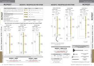 ≡ Equip-Test™ • info@equip-test.com • www.equip-test.com Equip-Test™ • info@equip-test.com • www.equip-test.com ≡49 50
RCP037
Sockets/Receptacles▪50Mil/1.27mm
49
Sockets/Receptacles▪50Mil/1.27mm
ACTUALSIZE
ACTUALSIZE
Design Code Options
WR Wire Wrap Square Post  
VR Pre-wired with Kynar Wire
CR Crimp
SR Solderable
Usage of Sockets/Receptacles
Usually Test Probes are used in Sockets / Receptacles. This
enables a quick and convenient exchange of worn-out Test
Probes without having to disconnect the wire connections in a
Test Fixture.
Technical Specifications
Average Resistance: ≤ 20 mΩ
Barrel Material:
Beryllium Copper / Nickel Silver
Round  Square Post: Brass / Phosphor Bronze
Mounting Hole Size:
Socket / Receptacle Diameter + 0.01 - 0.03 mm
[0.394 - 1.181 mil] drill bits are recommended.∆
RCP037
RCP037 Sockets / Receptacles for ST500 Sockets / Receptacles for ST500RCP037
Centers 50 Mil / 1.27 mm Centers 50 Mil / 1.27 mm
RCP037 CR03
Installation Height
• Fixed: 16.00 mm [0.630]
• Variable: variable
• Feature: press - ring
Plating: Hard Gold
RCP037 CR04
Installation Height
• Fixed: 16.00 mm [0.630]
• Variable: variable
• Feature: press - ring
Plating: Hard Gold
RCP037 SR03
Installation Height
• Fixed: 16.00 mm [0.630]
• Variable: variable
• Feature: press - ring
Plating: Hard Gold
Type Information and Installation Height Data with inserted Test Probes ST500*
≡ Socket / Receptacle Ordering Code Example
RCP037 N SR03
x y z
RCP037 WR03
x y z
x: Series • y: Socket / Receptacle Plating • z: Option x: Series • y: Socket / Receptacle Plating • z: Option
By default Socket / Receptacle is Hard Gold plated and it is not marked in the PO Code. Fill position y: only if different.
∆
Varies from used drilling technologies and raw materials. For more Technical information consult with us at: info@equip-test.com
Compatible Series for RCP037:
LF500 LF501 ST500 ST501
RCP037 VR03 3035
Installation Height
• Fixed: 16.00 mm [0.630]
• Variable: variable
• Feature: press - ring
vacuum sealed
Plating: Hard Gold
RCP037 WR03
Installation Height
• Fixed: 16.00 mm [0.630]
• Variable: variable
• Feature: press - ring
vacuum sealed
Plating: Nickel Plated
RCP037 WL13
Installation Height
• Fixed: 16.00 mm [0.630]
• Variable: variable
• Feature: press - ring
vacuum sealed
Plating: Nickel Plated
Tool for RCP037 Sockets / Receptacles Contains:
Tool Handle + Exchangeable Bit(s)
- has to be chosen*
Handle TH1
w3: Wire Length
Wire length is given in inches.
Conversion Example:
35 in = approx. 900 mm
≡Pre Wired (VR) Socket / Receptacle Ordering Code Example
RCP037 VR03 3 0 35
x y z w1 w2 w3
x: Series • y: Socket / Receptacle Plating • z: Option
• w1: Wire Diameter • w2: Colour • w3: Length
Universal Pressing Bit
TBP7500
Customized Pressing Bit
TBR5035
Extraction Bit
TBR5070
*Exchangeable Bits above always need a Tool Handle for proper
use. Tool Handle fits to all Exchangeable Bits from this catalog.
Available also in double press-ring version,
which offers very high stability and better
pointing accuracy.
Other length and colors
available on request.
w2: Wire Colour
0 Black
w1: Wire Diameter Code
AWG mm [inches]
3 30 0.26 0.010
*for wireless
connection
 