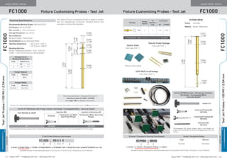 ≡ Equip-Test™ • info@equip-test.com • www.equip-test.com Equip-Test™ • info@equip-test.com • www.equip-test.com ≡127 128
Centers 100 Mil / 2.54 mm
FC1000  Fixture Customizing Probes - Test Jet
FC1000ACTUALSIZE
Centers 100 Mil / 2.54 mm
Fixture Customizing Probes - Test JetFC1000
FC1000
Tip Styles
Plunger
Material
Tip
Diameter
Code
Tip Diameter
mm [inches]
RS 0 3 1.40 0.055
Plunger Plating
Code Material
No letter Hard Gold
Recommended Socket / Receptacle Series for
Interface Probes FC1000 is RCP066.
See Page 128 for detailed information.
≡ Test Probes Ordering Code Example
FC1000 N RS 0 3 S
a b c d e f g
a: Series • b: Plunger Plating • c: Tip Style • d: Plunger Material • e: Tip Diameter Code • f: Spring Force Code • g: Special Tip Diameter [mm x 100]
By default Plunger is Hard Gold plated and it is not marked in the PO Code. Fill position b: only if different.
Spring Force at
Working Stroke (2/3)
Code Rated force
(N) [oz]
S 1.30 4.7
Plunger Material
Code Material
0 BeCu
Technical Specifications
Recommended Working Stroke: 4.00 mm [0.157]
Full Stroke: 6.35 mm [0.250]
Max. Current: 5 - 8 A (continuous)
Average Resistance: max. 20 mΩ
Barrel Material:
Beryllium Copper / Nickel Silver
Spring Material: Spring Steel Gold Plated
Operating Temperature:		 - 30 °C up to + 120 °C
	 [- 22 °F up to + 248 °F]
Mounting Hole Size:
Socket / Receptacle Diameter + 0.01 - 0.03 mm
[0.394 - 1.181 mil] drill bits are recommended.∆
≡ Tip Diameter Code changes according to the Tip Style.
Tool for FC1000 Series Test Probes Contains: Tool Handle + Exchangeable Bit(s) - has to be chosen*
Tool Handle w. shaft Insertion Bits Insertion  Extraction Bit
Universal
Tip Diameter not Wider
than Probe Plunger
Tip Diameter Wider than Probe
Plunger
-
TH1 TBP10000 - TBP10070
*Exchangeable Bits above always need a Tool Handle for proper use. Tool Handle fits to all Exchangeable Bits from this catalog.
ACTUALSIZE
∆
Varies from used drilling technologies and raw materials. For more Technical information consult with us at: info@equip-test.com
Tool for RCP066 Sockets / Receptacles Contains:
Tool Handle + Exchangeable Bit(s)
- has to be chosen*
Handle TH1
Universal Pressing Bit
TBP10000
Customized Pressing Bit
TBR10035
Extraction Bit
TBR10070
*Exchangeable Bits above always need a Tool Handle for
proper use. Tool Handle fits to all Exchangeable Bits from this
catalog.
≡ Socket / Receptacle Ordering Code Example Socket / Receptacle Plating
RCP066 N WR46
x y z
Code Material
No letter Hard Gold
x: Series • y: Socket / Receptacle Plating • z: Option
By default Socket / Receptacle is Hard Gold plated and it is not marked in the PO Code. Fill position y: only if different.
TestJetProbes▪100Mil/2.54mm
TestJetProbes▪100Mil/2.54mm
This type of Fixture-customizing Probe is made to connect
Test Jet / OpenXpress / Q-Mux etc. Amplifier Boards, that
are used in various Test Systems.
VTEP MUX Card Package
Order Code: VTMUX - 1
Sensor Plate
Order Code: VTSP - 1*
TestJet Probe Package
Order Code: VTHP - 1
*Different sizes available
RCP066 WR46
Plating: Hard Gold
Material: Bronze / Nickel Silver
 