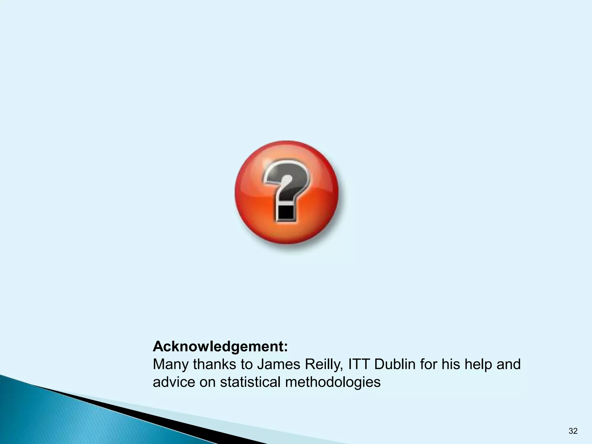 Acknowledgement:
Many thanks to James Reilly, ITT Dublin for his help and
advice on statistical methodologies


                                                           32
 