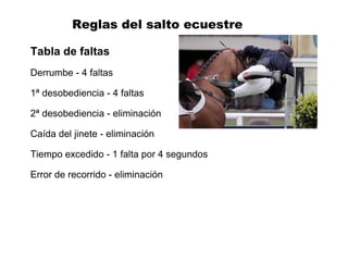 Reglas del salto ecuestre 
Tabla de faltas 
Derrumbe - 4 faltas 
1ª desobediencia - 4 faltas 
2ª desobediencia - eliminación 
Caída del jinete - eliminación 
Tiempo excedido - 1 falta por 4 segundos 
Error de recorrido - eliminación 
 