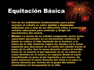 Equitación Básica Una de las habilidades fundamentales para poder manejar el caballo es saber  montar  y  desmontar  utilizando una o más de las diferentes sillas y conocer las señales adecuadas para controlar y dirigir los movimientos del animal. Montar : La monta de un caballo comprende varios actos separados ejecutados en un movimiento continuo. El jinete se coloca al lado izquierdo de la montura a la altura de la silla mientras sujeta las riendas en la mano izquierda que descansan en el cuello del caballo frente al pomo de la silla. Con la mano derecha vuelve el estribo hacia él, se inserta el pie izquierdo en él, se coloca la mano derecha en el arzón y se impulsa desde el suelo transfiriendo su peso al pie izquierdo y las manos. Se quita entonces la mano derecha del arzón y se pasa la pierna derecha por encima de la grupa del animal sentándose sin brusquedad en la silla. 