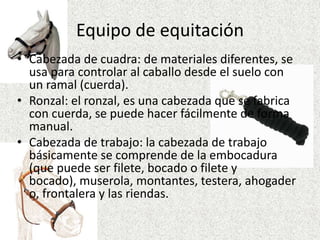 Equipo de equitación 
• Cabezada de cuadra: de materiales diferentes, se 
usa para controlar al caballo desde el suelo con 
un ramal (cuerda). 
• Ronzal: el ronzal, es una cabezada que se fabrica 
con cuerda, se puede hacer fácilmente de forma 
manual. 
• Cabezada de trabajo: la cabezada de trabajo 
básicamente se comprende de la embocadura 
(que puede ser filete, bocado o filete y 
bocado), muserola, montantes, testera, ahogader 
o, frontalera y las riendas. 
 