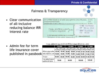 Private & Confidential


                Fairness & Transparency

• Clear communication
  of all-inclusive
  reducing balance IRR
  interest rate



• Admin fee for term
  life insurance cover
  published in passbook
 