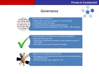 Private & Confidential


          Governance

Reputed board of directors
• Independent directors constitute 1/3rd of the board
• Strong governance processes
• Clause 49 of Listed companies being followed
• Corporate Governance Rating of 3 from CRISIL – 8th Corporate




Clear articulation of mission focus & product philosophy
• Minimum 25% scale ratio
• All services consumed by members to be provided on not-for-
  profit basis
• No credit for purchase of consumer durables




Voluntary caps on RoE & Executive Pay
• RoE capped at 25% (authored by Equitas); benchmarked against
  Government Banks
• Min-Max Staff pay ratio capped at 1:40
 