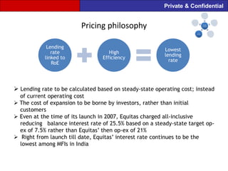 Private & Confidential


                         Pricing philosophy

            Lending
                                                         Lowest
              rate                   High
                                                         lending
           linked to              Efficiency
                                                           rate
              RoE




 Lending rate to be calculated based on steady-state operating cost; instead
  of current operating cost
 The cost of expansion to be borne by investors, rather than initial
  customers
 Even at the time of its launch in 2007, Equitas charged all-inclusive
  reducing balance interest rate of 25.5% based on a steady-state target op-
  ex of 7.5% rather than Equitas‟ then op-ex of 21%
 Right from launch till date, Equitas‟ interest rate continues to be the
  lowest among MFIs in India
 